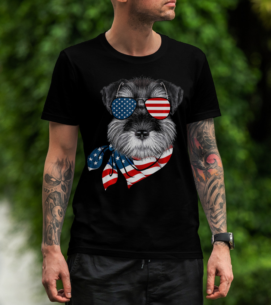 Schnauzer With American Flag Sunglasses And Scarf Patriotic T-Shirt