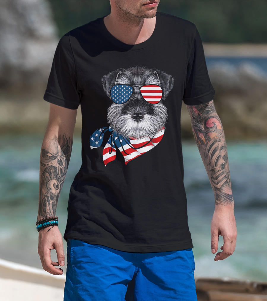 Schnauzer With American Flag Sunglasses And Scarf Patriotic T-Shirt