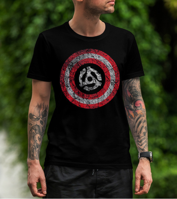 Patriotic Distressed Vinyl 45 RPM Adapter Red White Stripes T-Shirt
