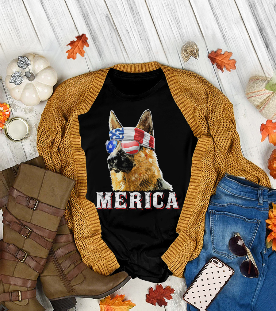 Merica German Shepherd American Flag Bandana Sunglasses 4th of July T-Shirt