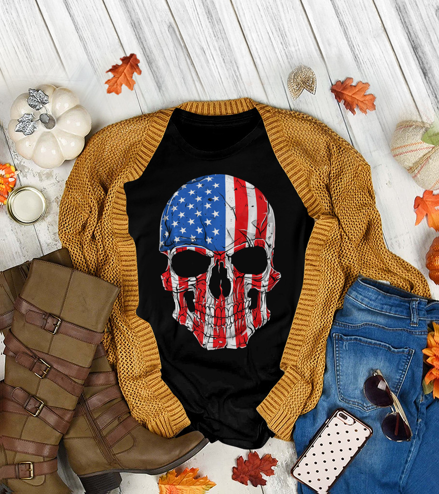 Skull Patriotic Stars and Stripes American Flag 4th of July T-Shirt