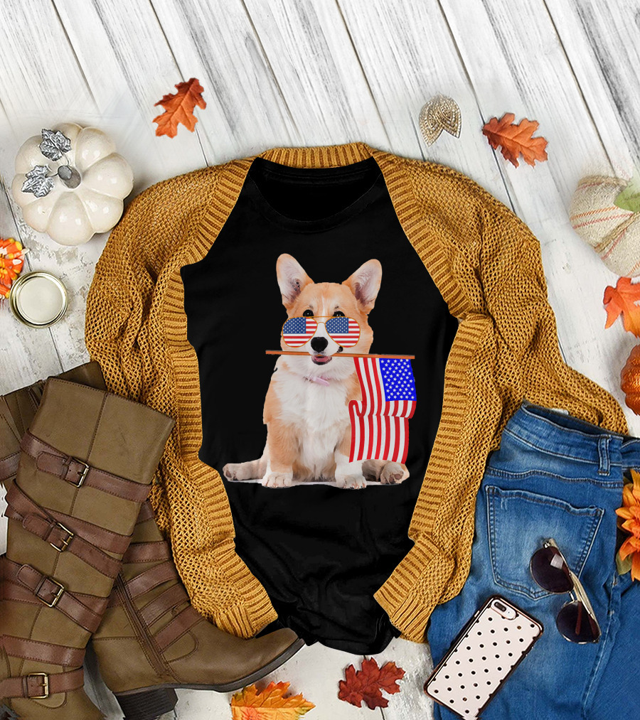 Funny Corgi with American Flag and USA Sunglasses for 4th of July T-Shirt