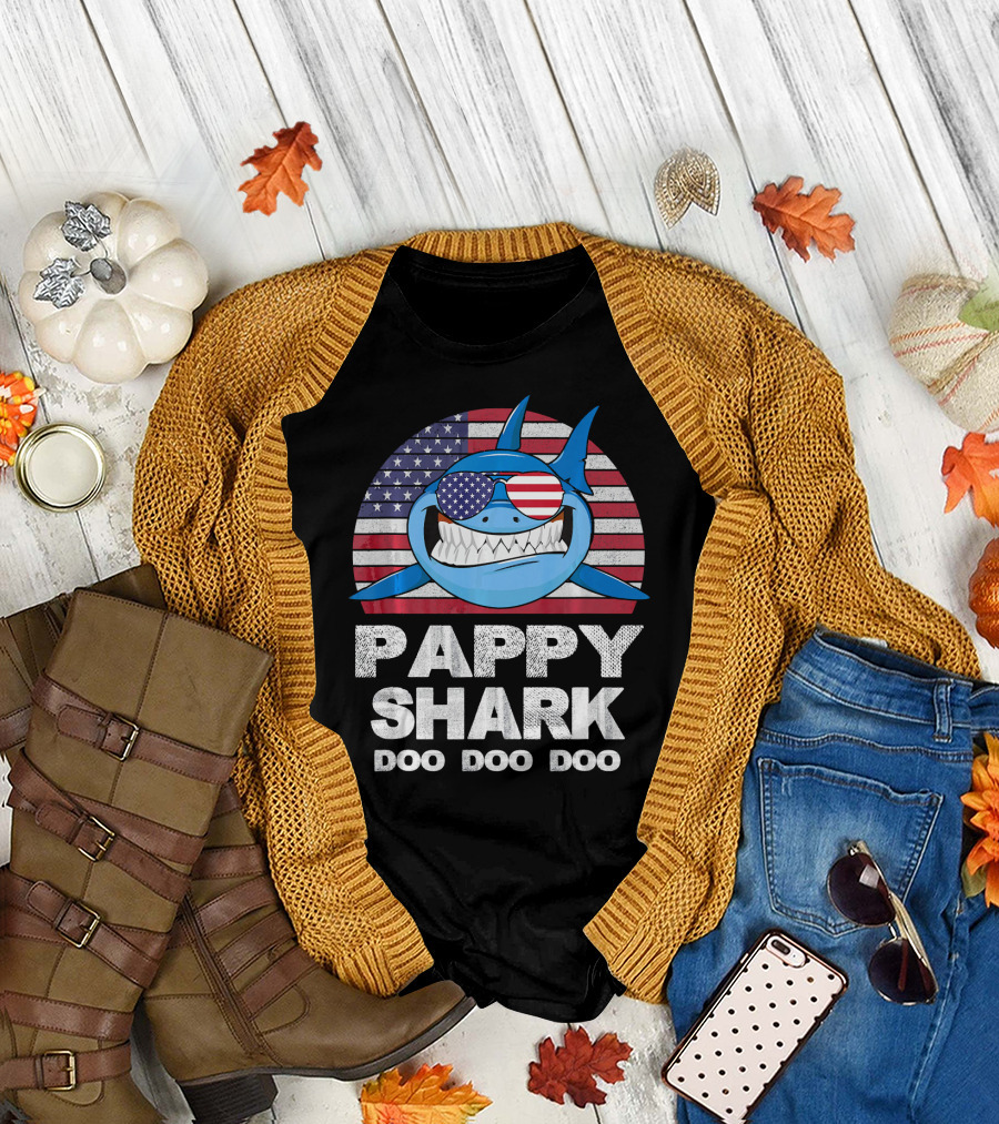 Pappy Shark Doo Doo Doo American Flag Sunglasses T-Shirt