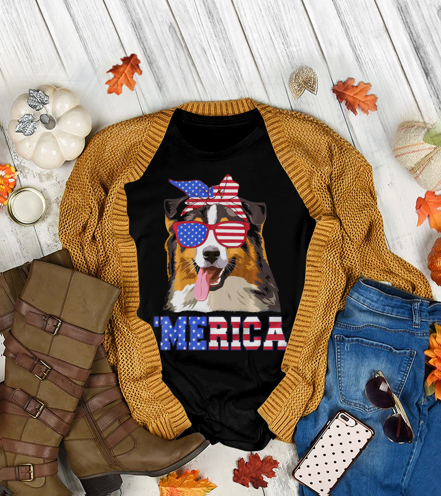 Aussie Dog Mom 'Merica American Flag Sunglasses and Bandana T-Shirt
