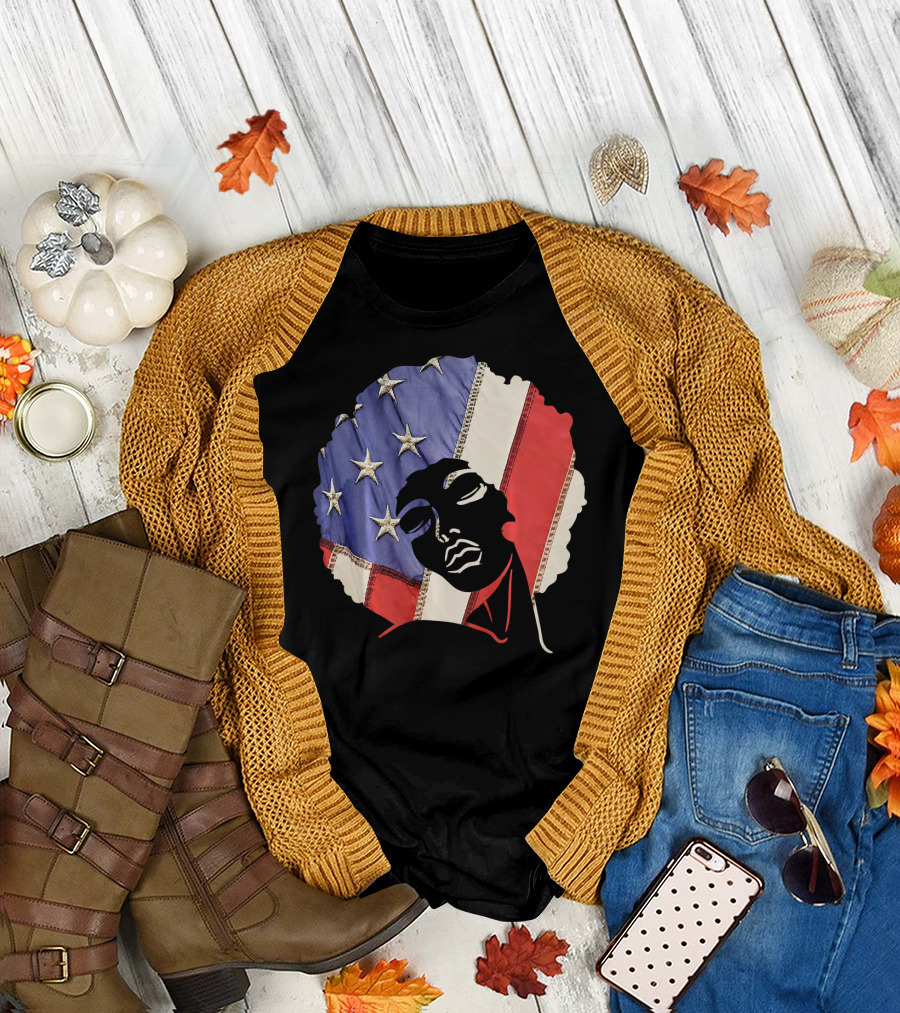 Black Girl Melanin Afro with US Flag T-Shirt