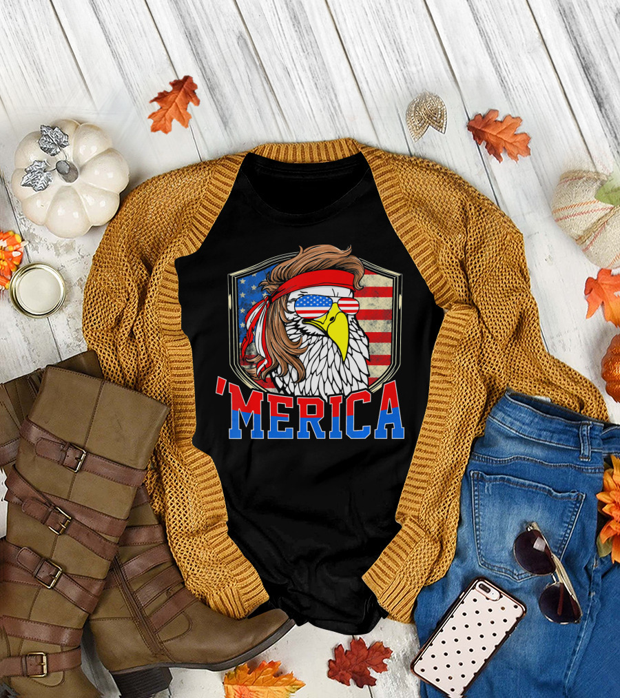 Funny July 4th 'Merica Eagle Mullet With American Flag Bandana and Sunglasses T-Shirt