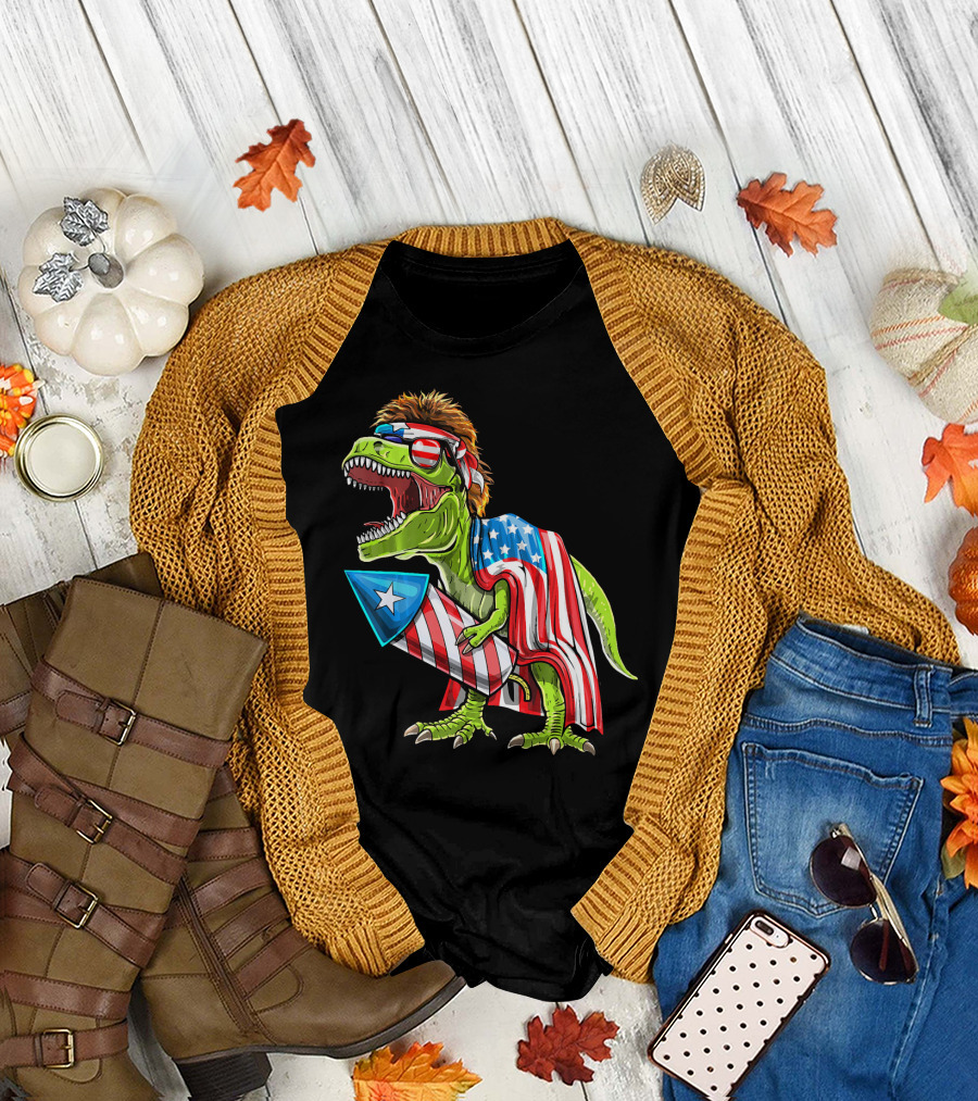 Dinosaur with Mullet Holding American Flag Rocket for 4th of July T-Shirt