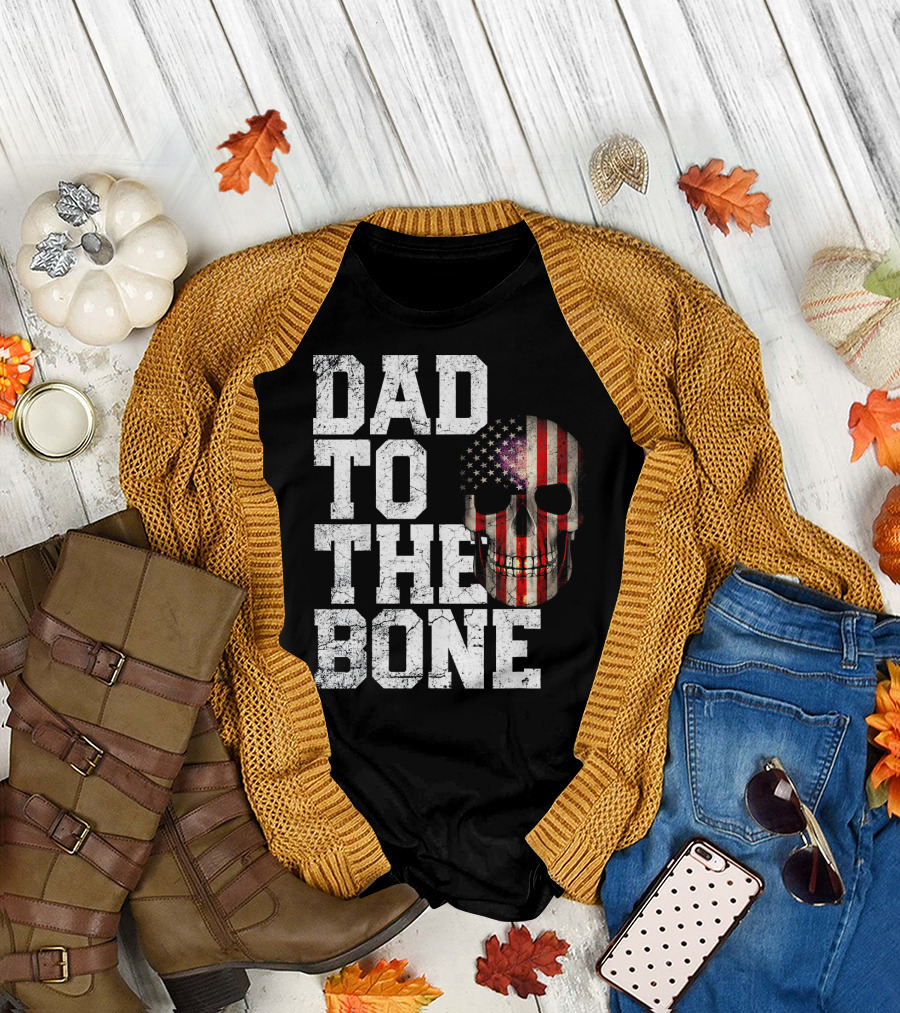 Dad to the Bone American Flag Skull 4th of July Mens T-Shirt