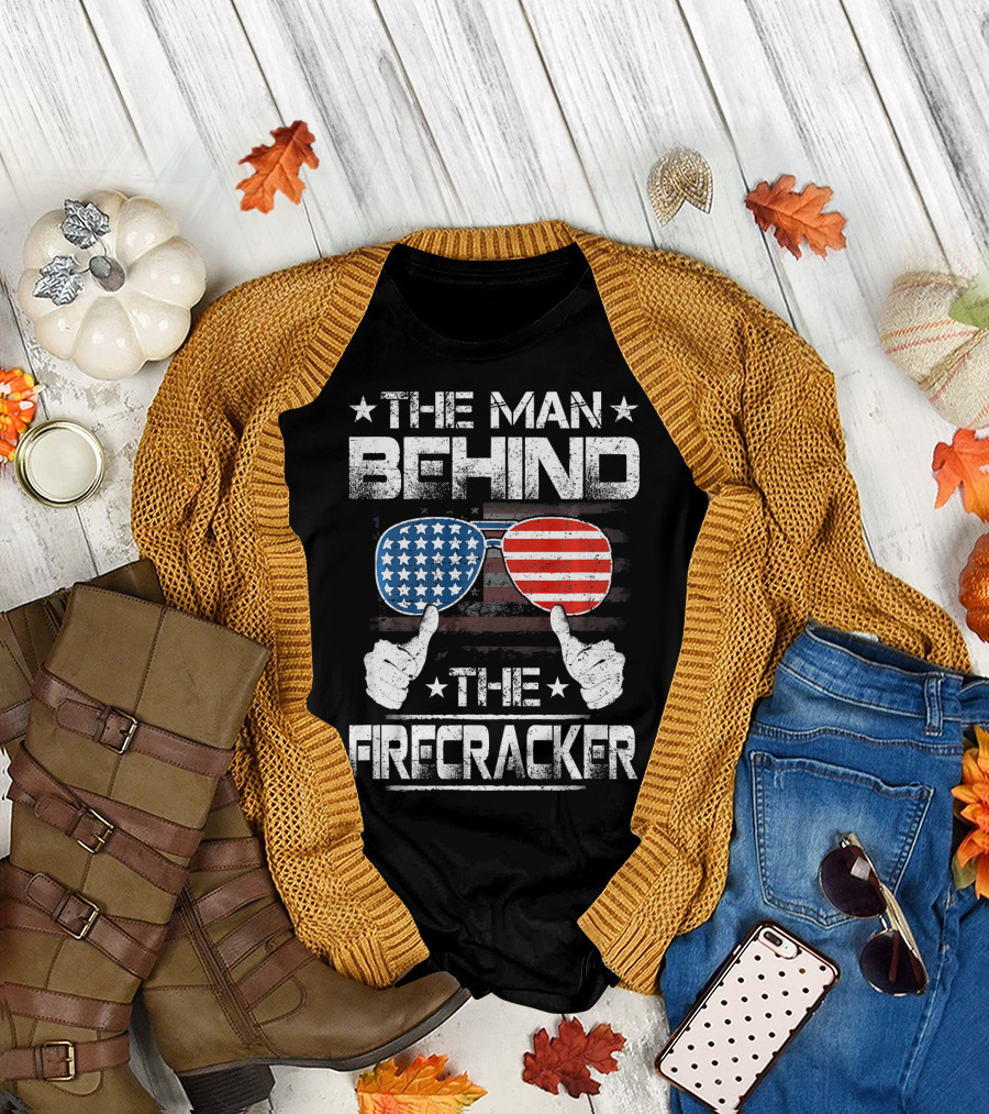 The Man Behind The Firecracker Patriotic American Flag Sunglasses and Thumbs Up T-Shirt