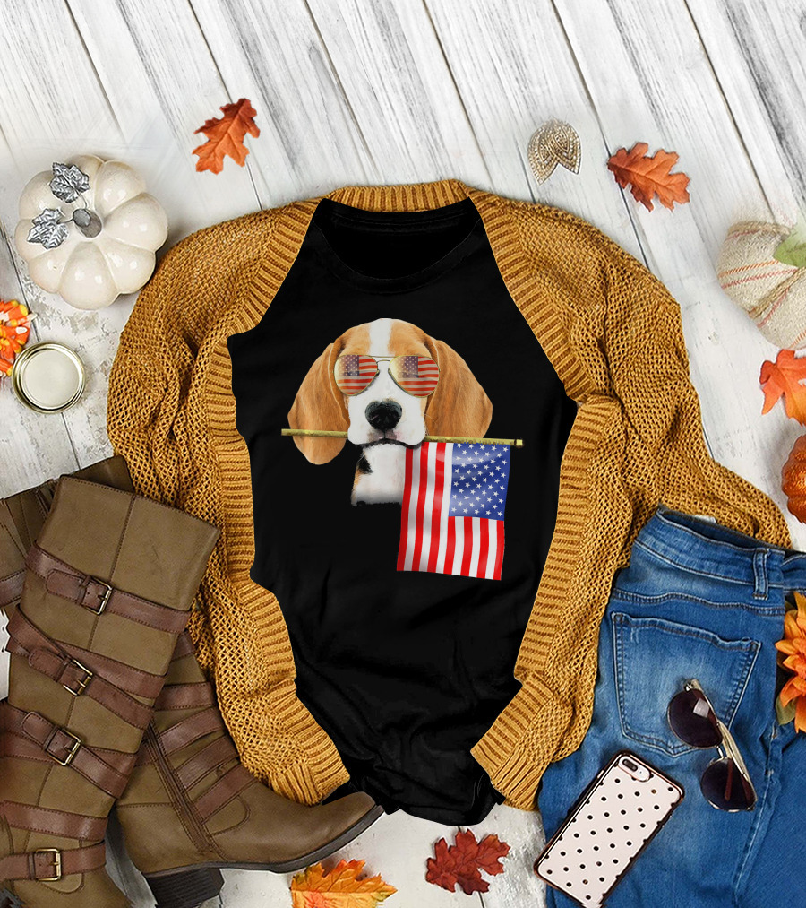 Patriotic Beagle with American Flag Sunglasses for 4th of July T-Shirt