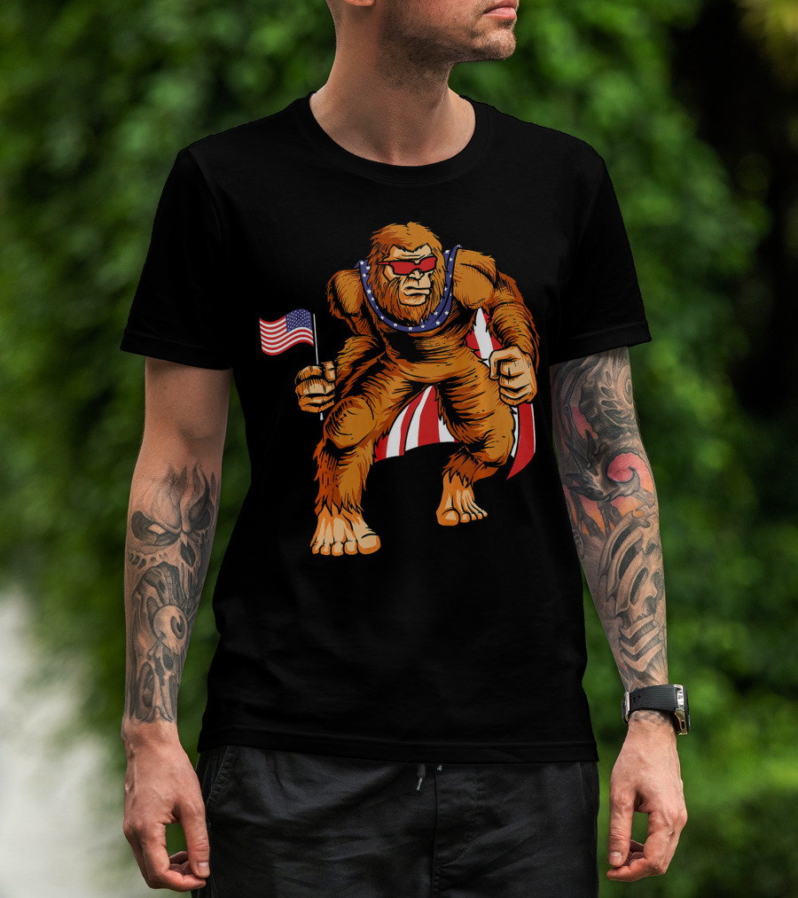 Bigfoot Patriotic American Flag Sunglasses Flag-Waving Stance T-Shirt