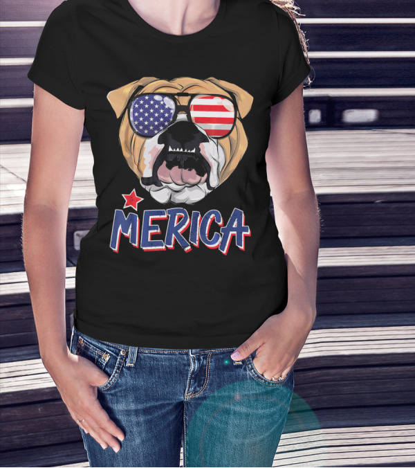 English Bulldog Sunglass Merica American Flag T-Shirt