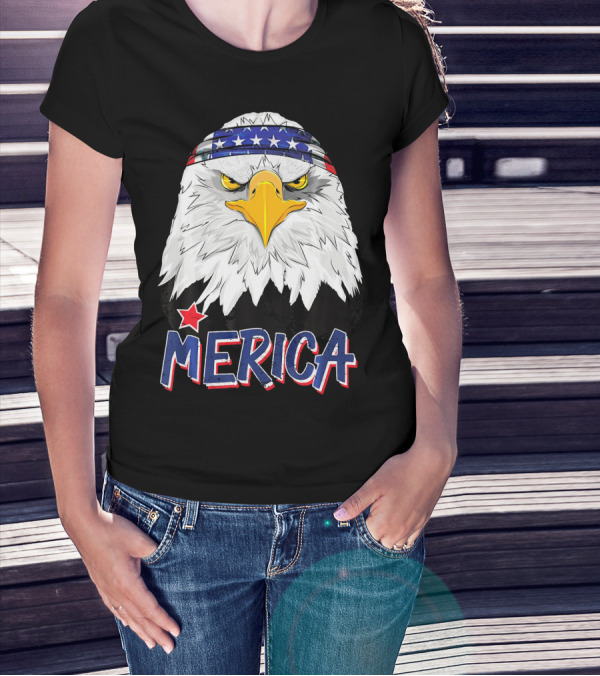 Merica Patriotic American Bald Eagle With Star-Spangled Headband T-Shirt