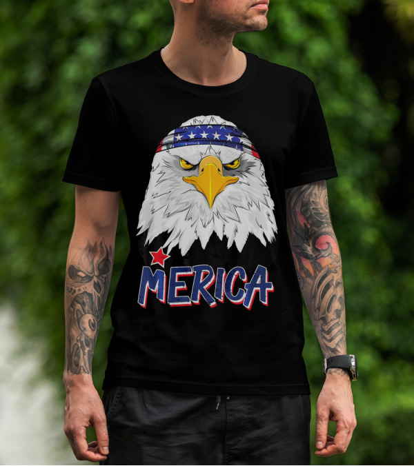 Merica Patriotic American Bald Eagle With Star-Spangled Headband T-Shirt