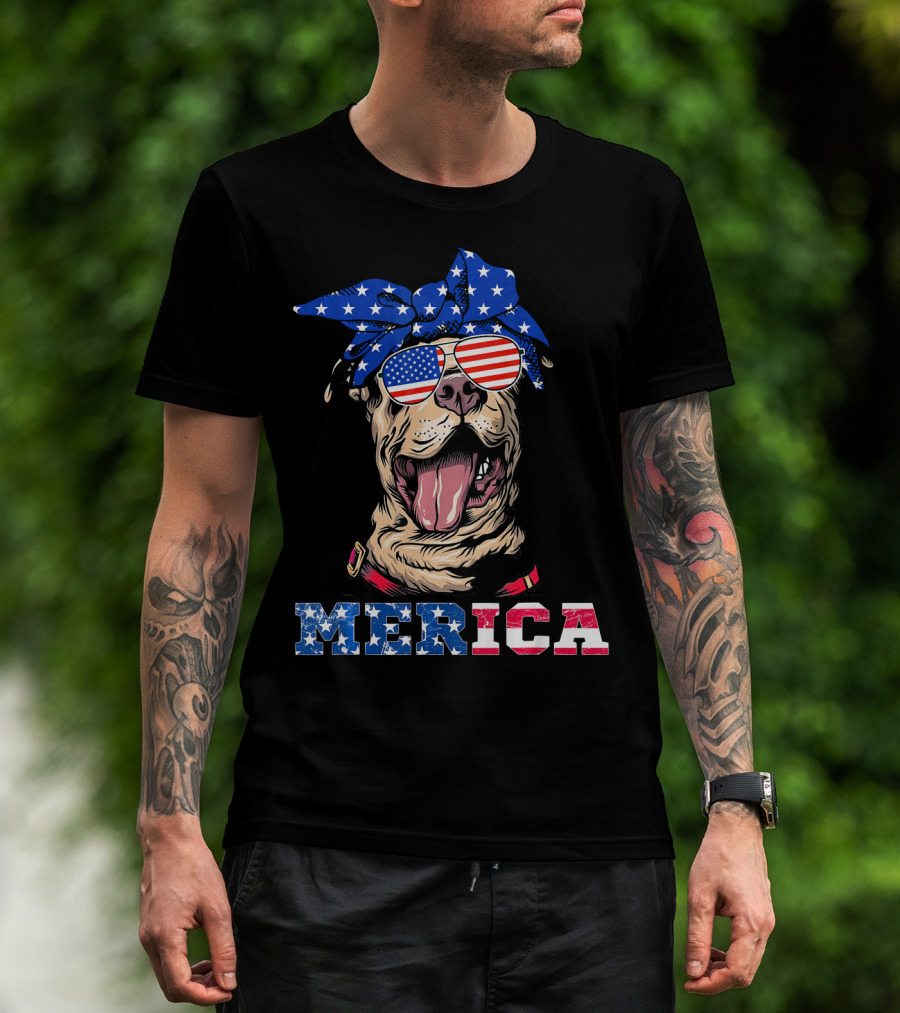 Merica American Flag Pitbull Wearing Bandana And Sunglasses T-Shirt