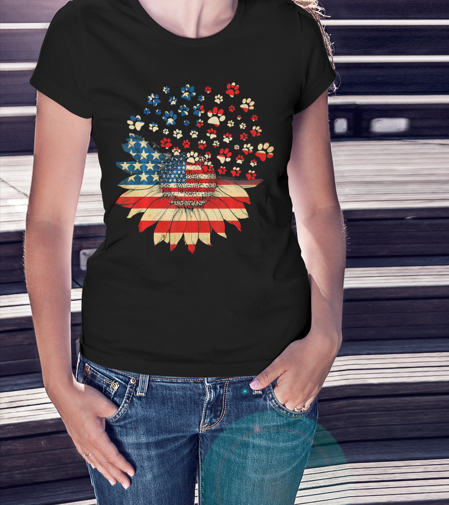 American Flag Sunflower With Dog Paw T-Shirt