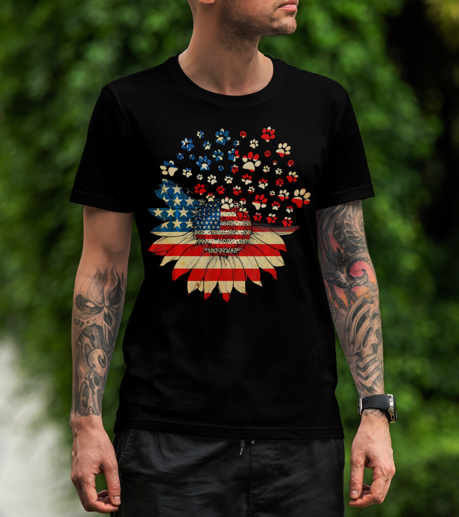 American Flag Sunflower With Dog Paw T-Shirt