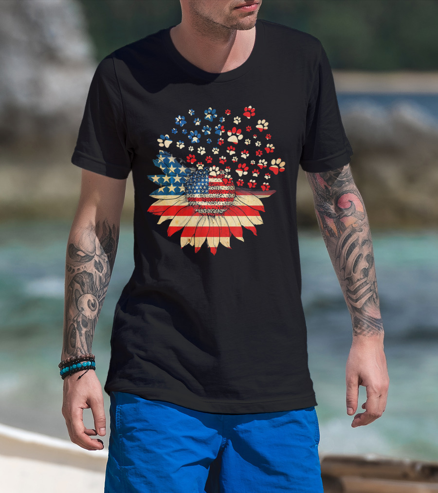 American Flag Sunflower With Dog Paw T-Shirt