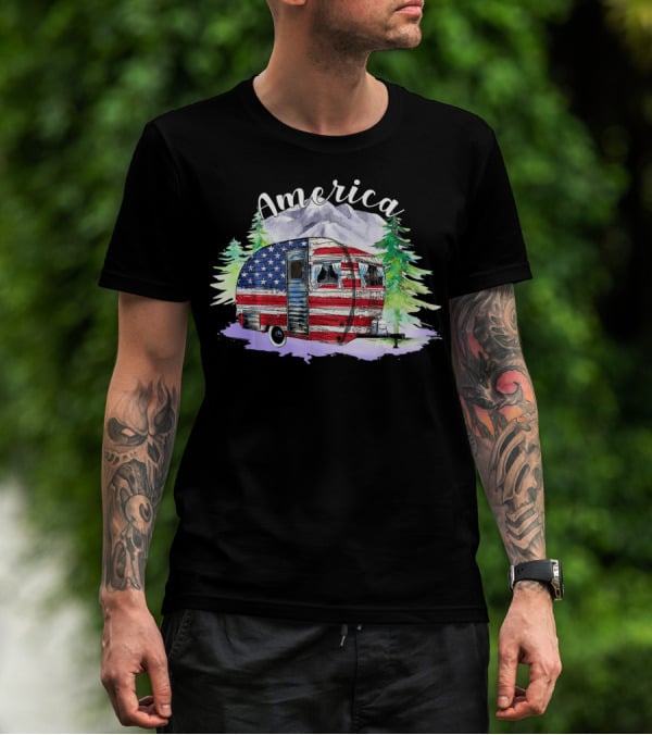 America Camping Van With USA Flag And Mountains For Fourth Of July T-Shirt