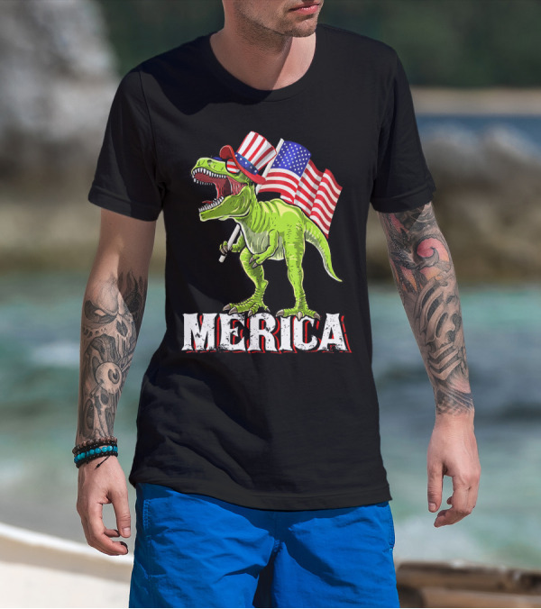'Merica Patriotic Rex Dinosaur With American Flags And Hat T-Shirt