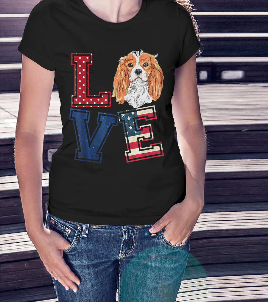 LOVE Cavalier King Charles Spaniel American Flag Face T-Shirt