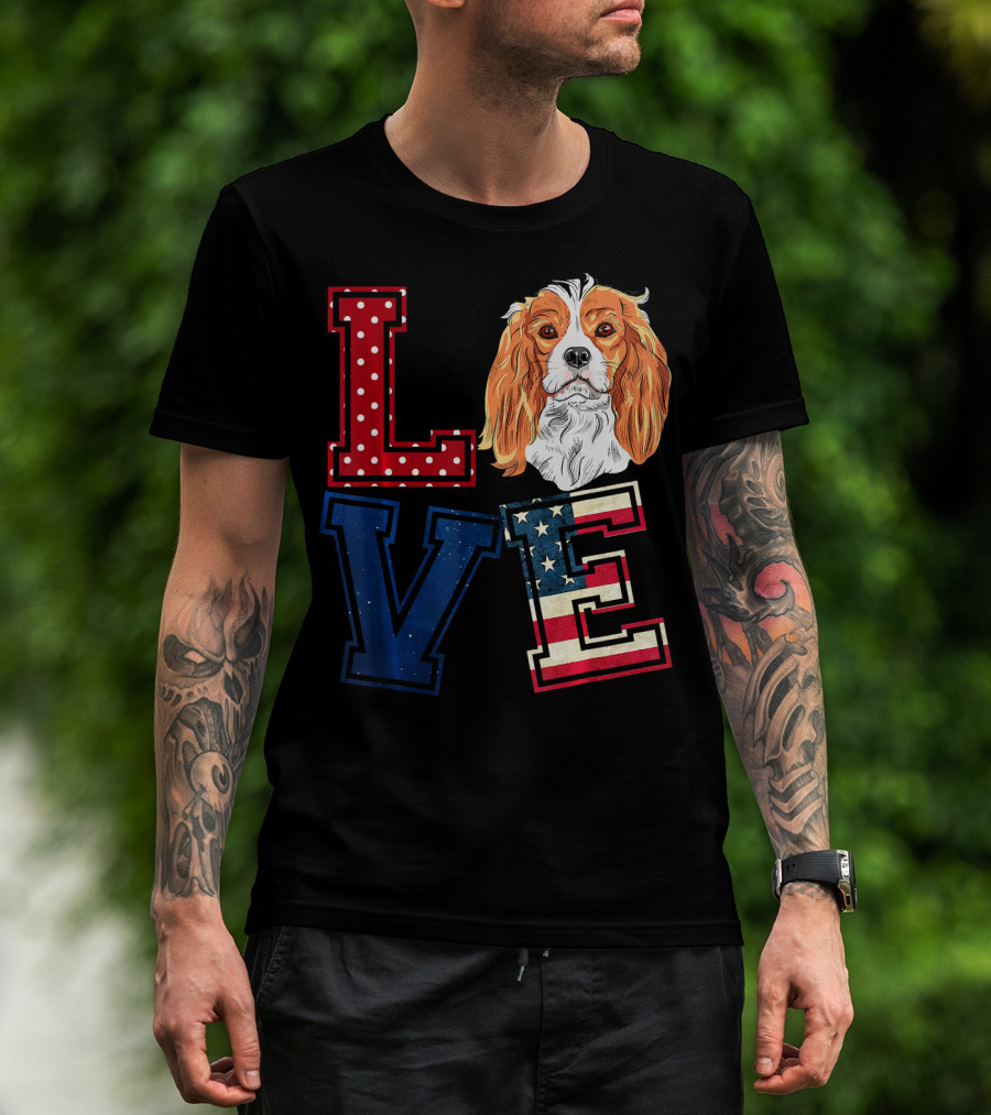 LOVE Cavalier King Charles Spaniel American Flag Face T-Shirt