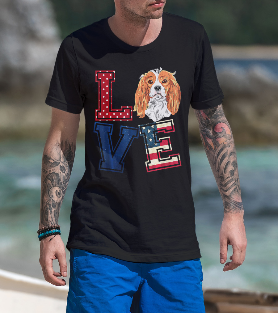 LOVE Cavalier King Charles Spaniel American Flag Face T-Shirt