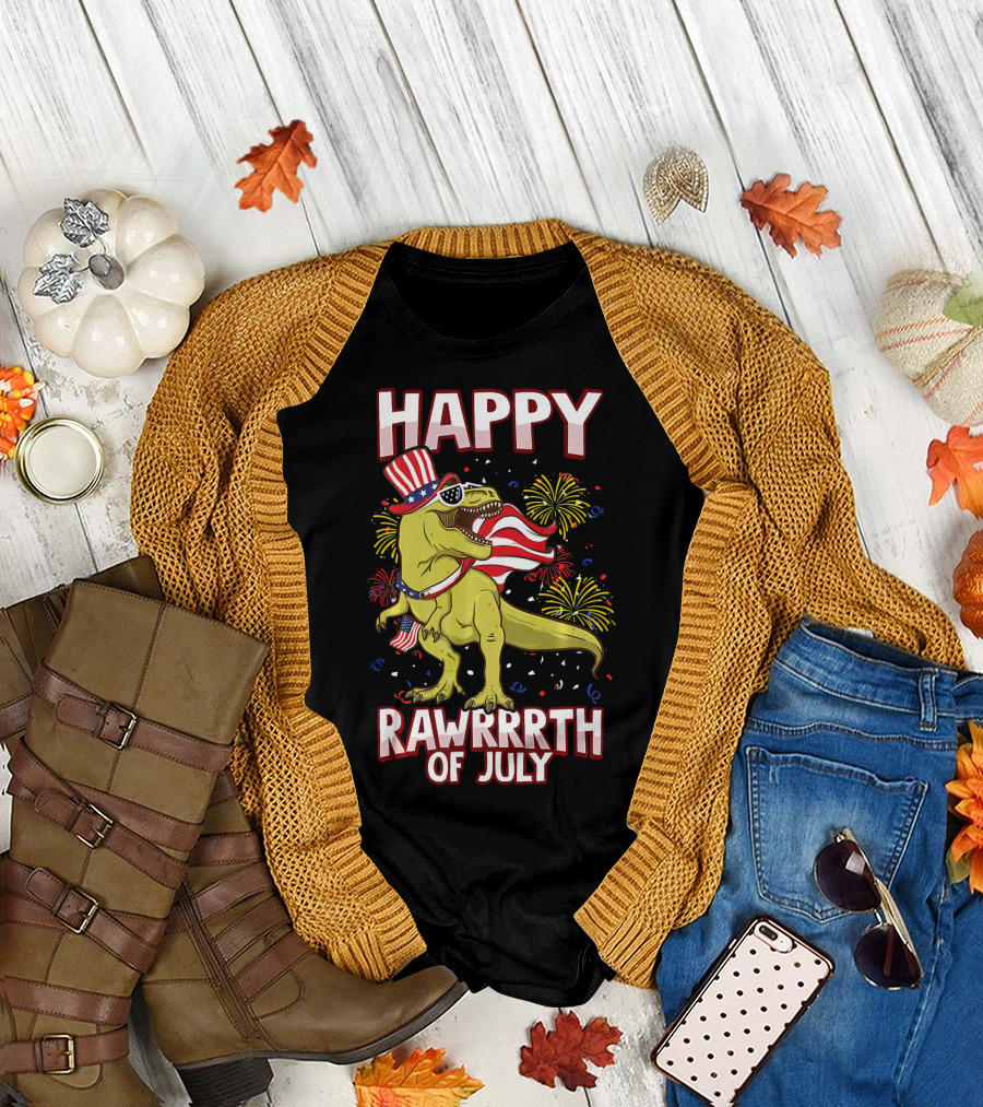 Happy Rawrrrth of July American Flag Tyrannosaurus Rex T-Shirt
