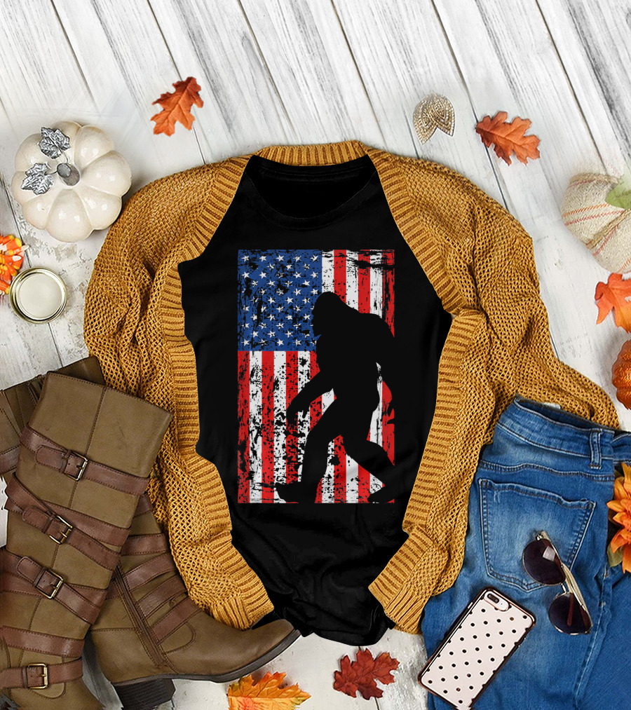 Bigfoot Silhouette with USA Flag for 4th of July T-Shirt