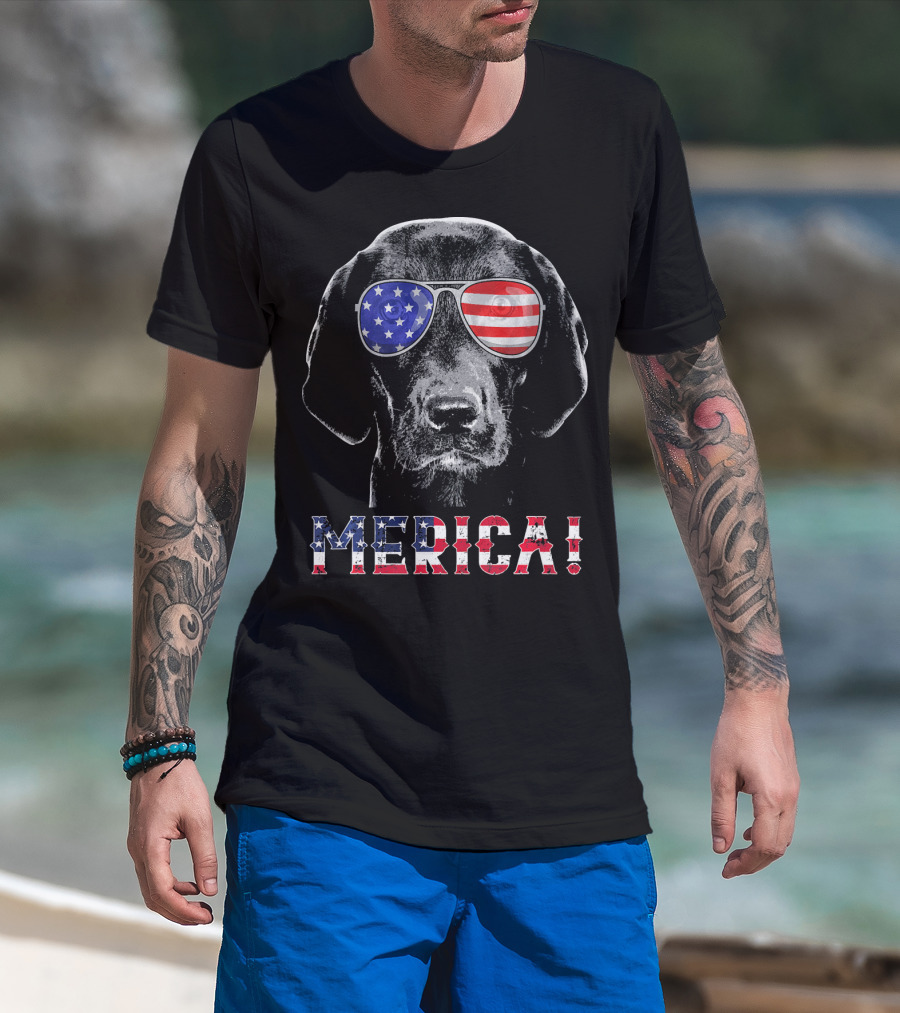 'Merica Labrador Black Lab American Flag Sunglasses T-Shirt