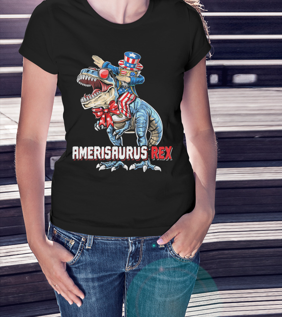 Amerisaurus Rex Dinosaur Dabbing Uncle Sam Patriotic Stars Stripes T-Shirt
