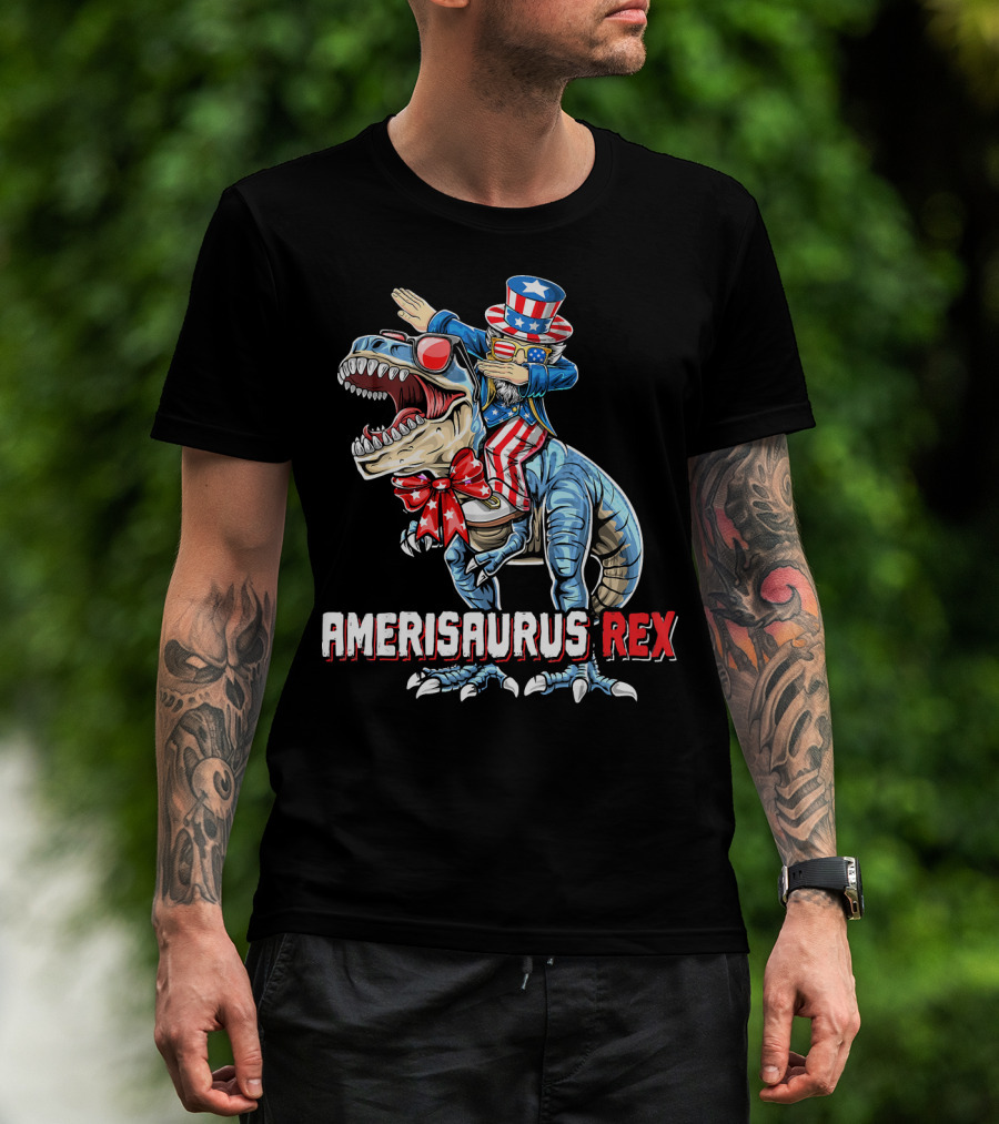 Amerisaurus Rex Dinosaur Dabbing Uncle Sam Patriotic Stars Stripes T-Shirt