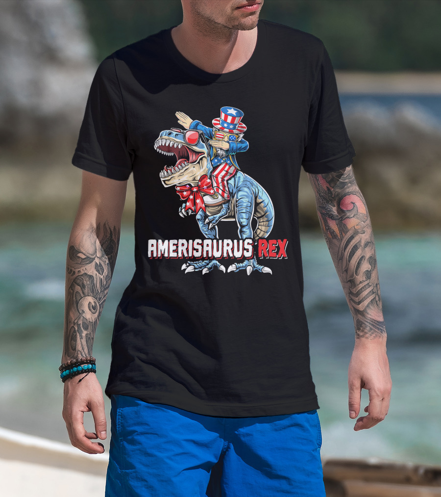 Amerisaurus Rex Dinosaur Dabbing Uncle Sam Patriotic Stars Stripes T-Shirt