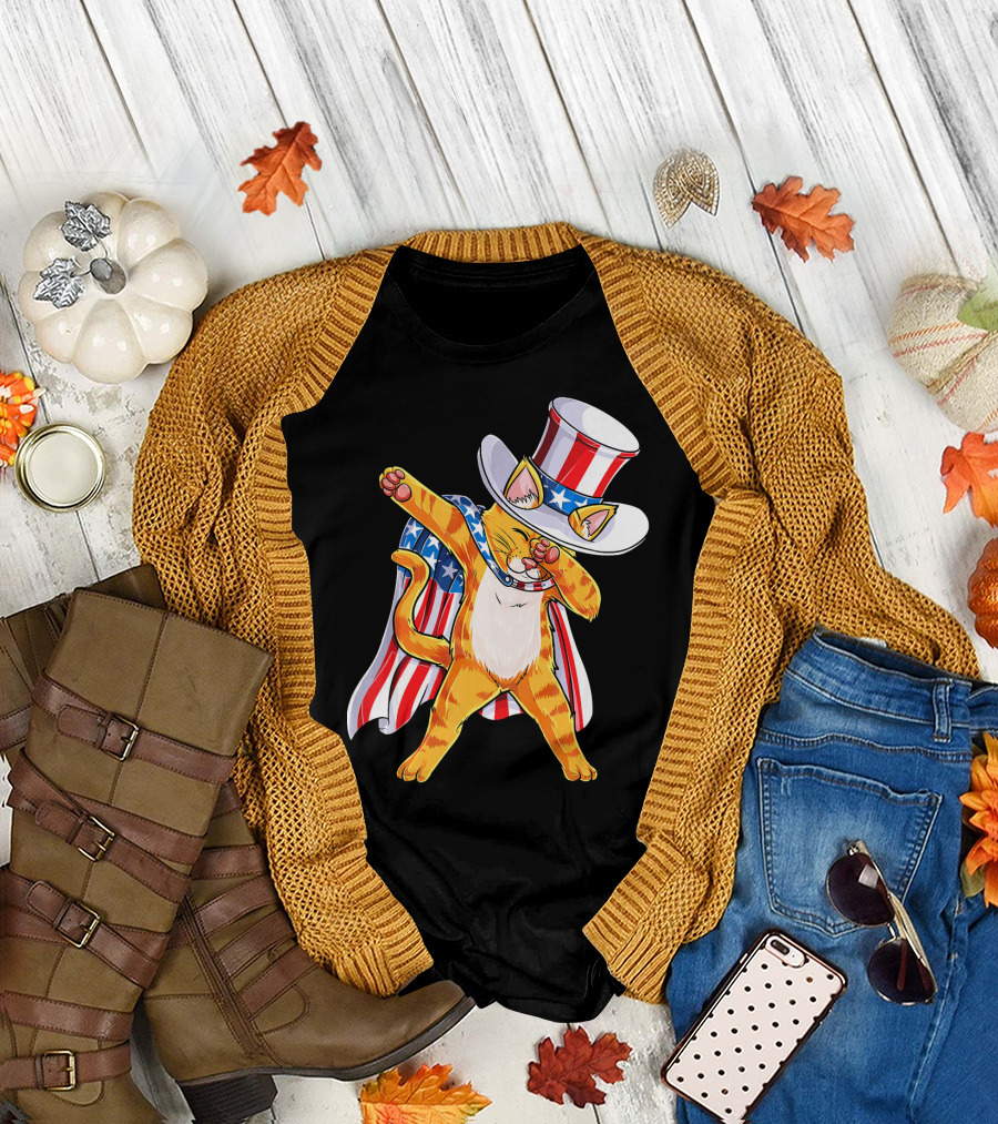 Meowica Cat Dabbing in Uncle Sam Hat and American Flag Cape T-Shirt
