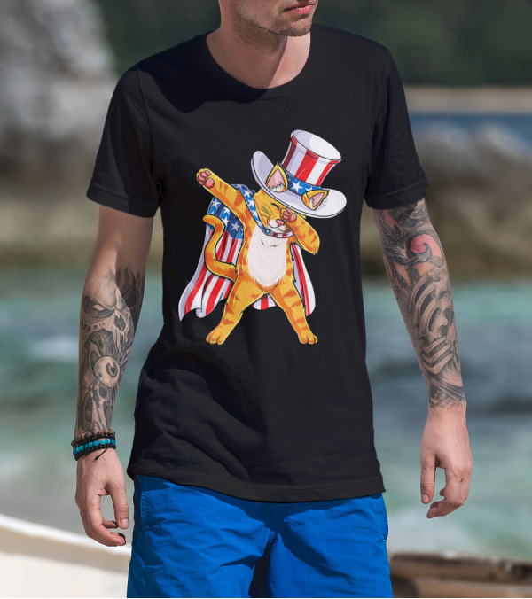 Meowica Cat Dabbing In Uncle Sam Hat And American Flag Cape T-Shirt