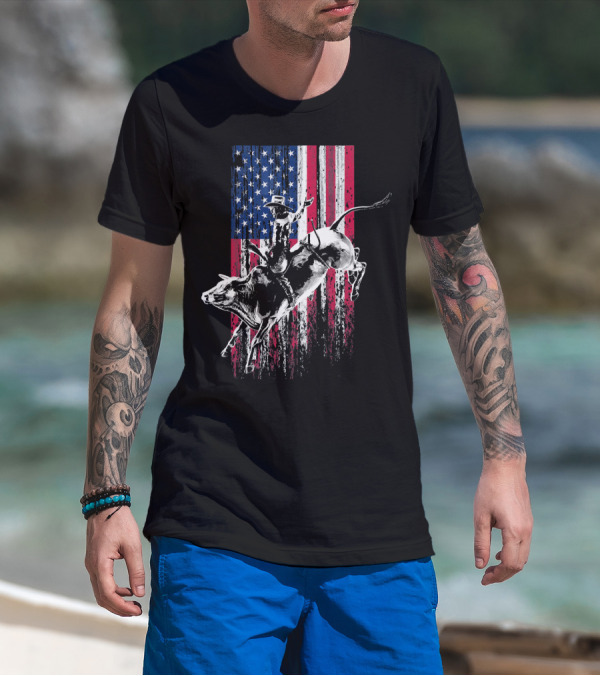 Patriotic American Flag Bull Rider Rodeo Scene T-Shirt