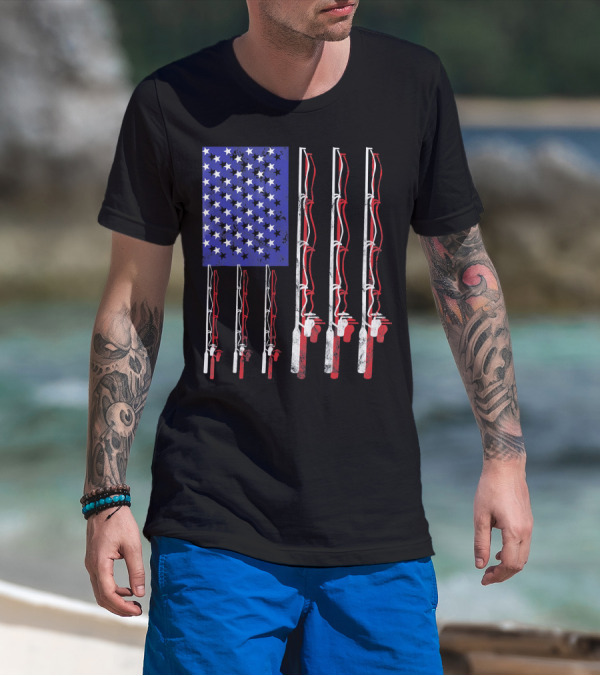 Humorous Patriotic Dad Fishing Rod American Flag Stars Stripes Edition T-Shirt