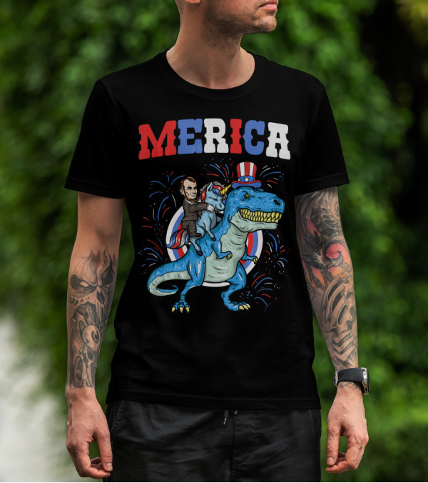 Merica Abe Lincoln Riding Unicorn On T-Rex With Patriotic Hat T-Shirt