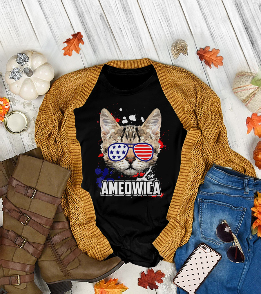 Ameowica Cat with Patriotic Sunglasses for 4th of July Party T-Shirt