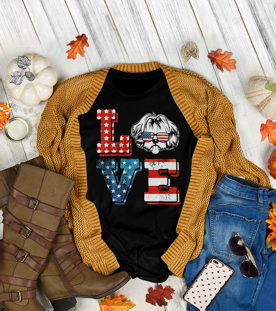 Love Shih Tzu Patriotic American Flag Sunglasses T-Shirt