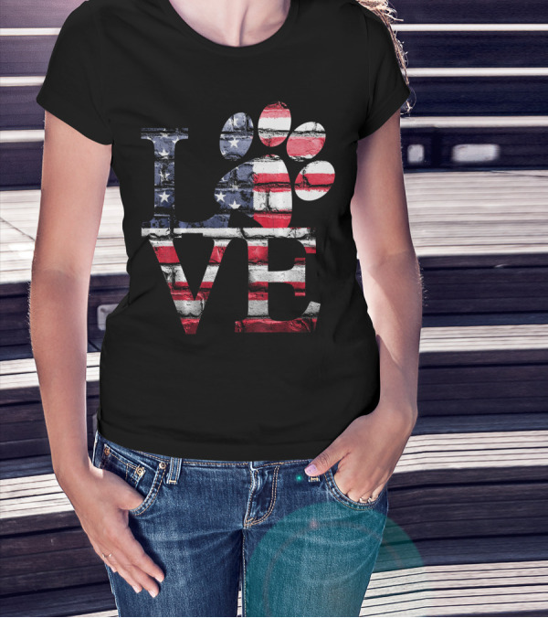 Patriotic Love USA Flag Style With Dog Paw T-Shirt