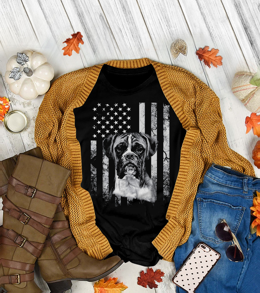 Boxer Dog American Flag 4th of July USA T-Shirt