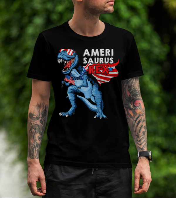 AMERISAURUS REX Dinosaur American Flag Stars Stripes T-Shirt