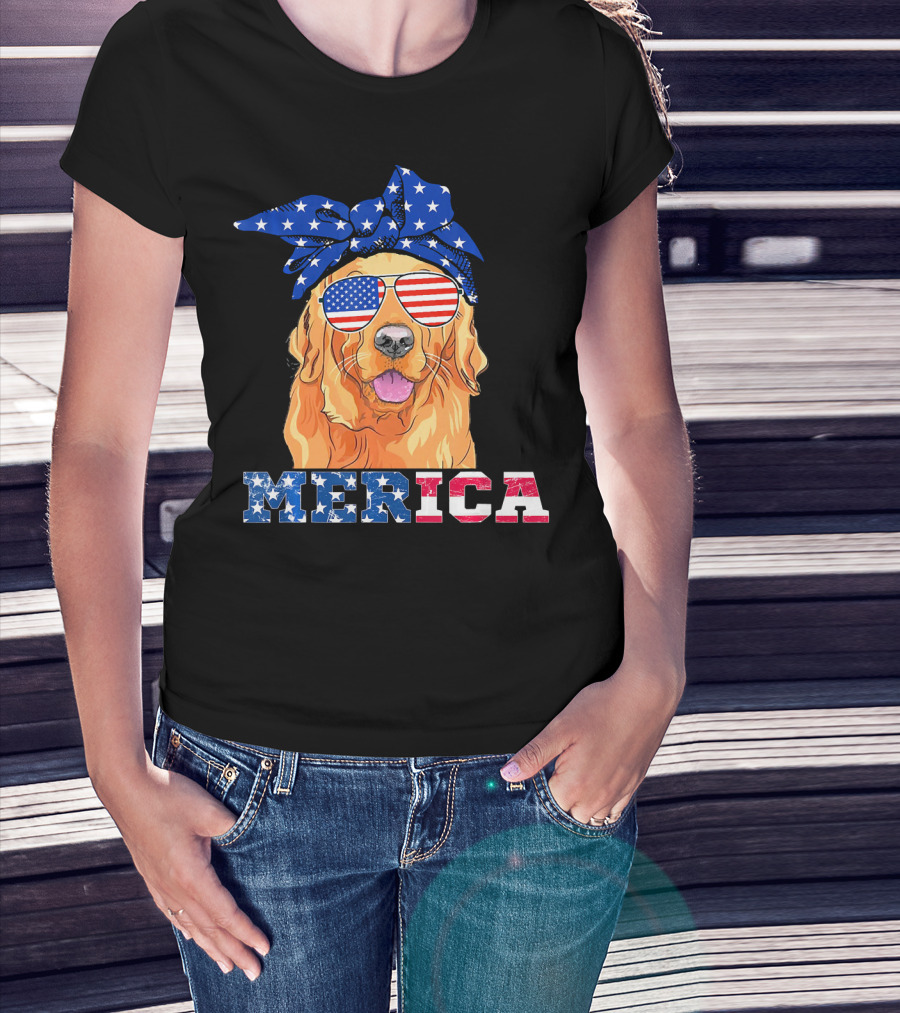 Merica Patriotic Golden Retriever With American Flag Bandana And Sunglasses T-Shirt