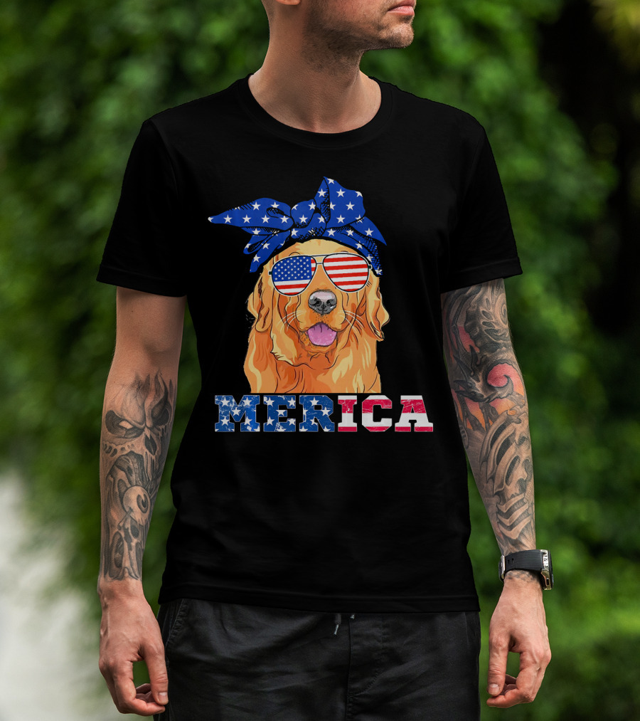 Merica Patriotic Golden Retriever With American Flag Bandana And Sunglasses T-Shirt