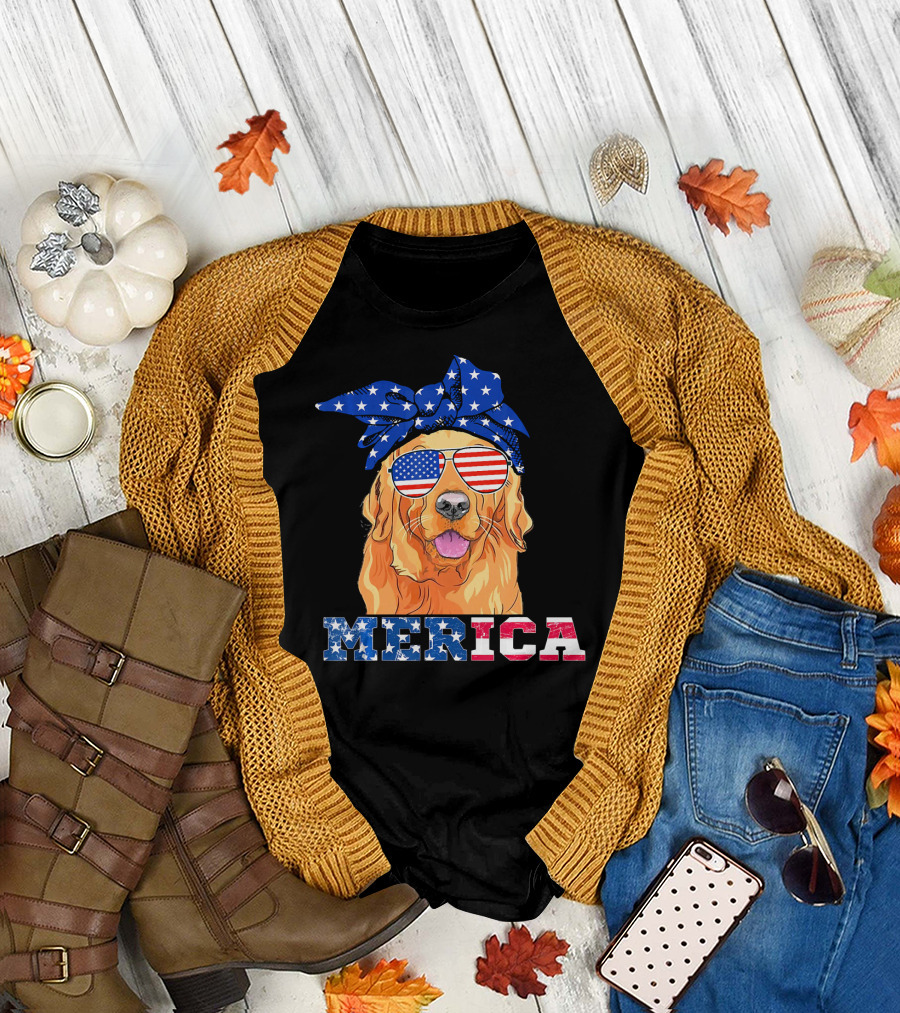 Merica Patriotic Golden Retriever With American Flag Bandana And Sunglasses T-Shirt