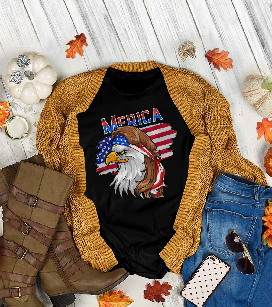 Merica Eagle Mullet USA Flag Bandana 4th of July America T-Shirt