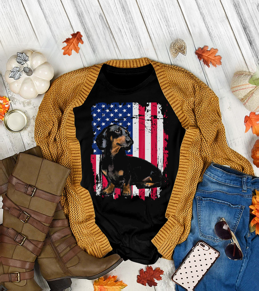 Dachshund in Front of US Flag for 4th of July T-Shirt