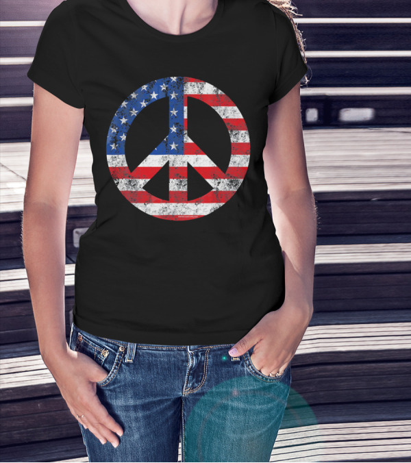Vintage Patriotic Peace Sign American Flag T-Shirt
