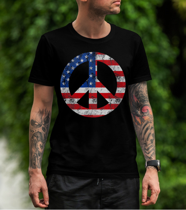 Vintage Patriotic Peace Sign American Flag T-Shirt
